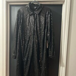 Women's Black Sequin Midi Dress with Collar